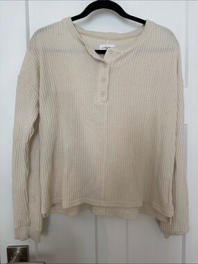 CJLA Waffle-Knit Henley Long Sleeve Top - Cream